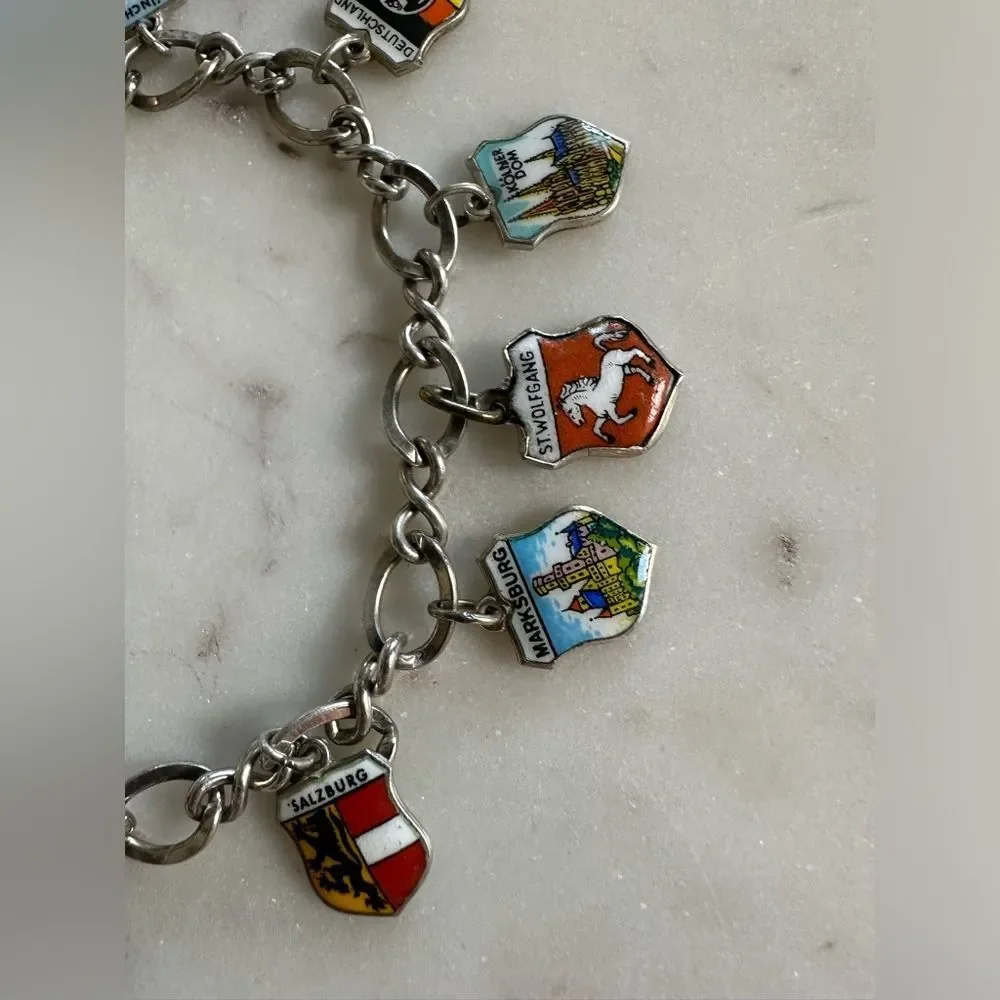 Vintage Sterling Silver Travel Charm Bracelet European City & Country Ch…